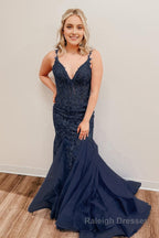 Blue Spaghetti Straps Mermaid Prom Dress With Appliques