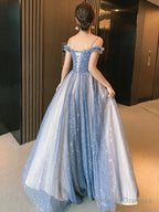 Blue Spaghetti Straps Tulle Long Prom Dress, Cute A-Line Evening Dress