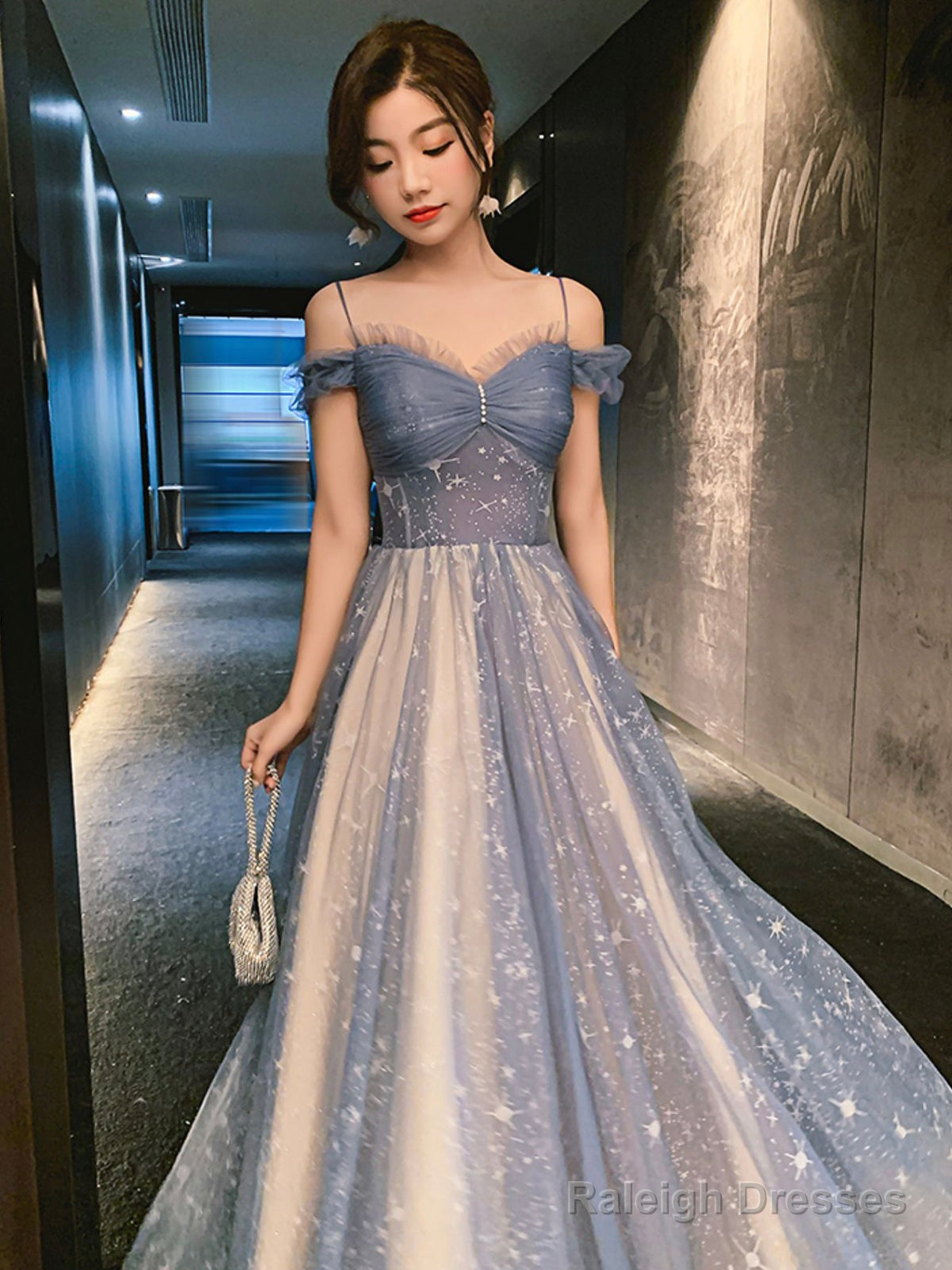 Blue Spaghetti Straps Tulle Long Prom Dress, Cute A-Line Evening Dress