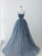 Blue Sparkle Beadedd Tulle Floor Length Party Dress, Blue Junior Prom Dress