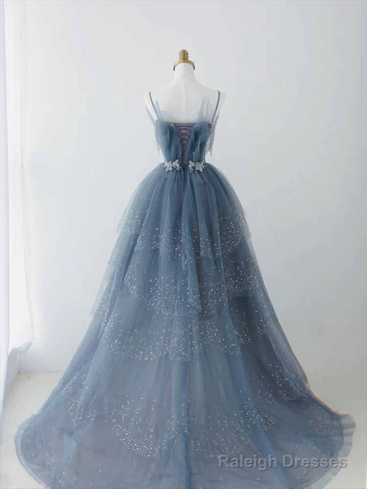 Blue Sparkle Beadedd Tulle Floor Length Party Dress, Blue Junior Prom Dress