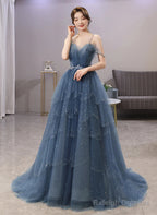 Blue Sparkle Beadedd Tulle Floor Length Party Dress, Blue Junior Prom Dress