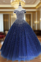 Blue Sparkle Off Shoulder Ball Party Dress , Handmade Beaded Party Dress