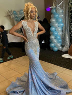 Blue Gorgeous Shiny Sequins Long Mermaid Slim Ball Gown Evening Dress