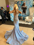 Blue Gorgeous Shiny Sequins Long Mermaid Slim Ball Gown Evening Dress