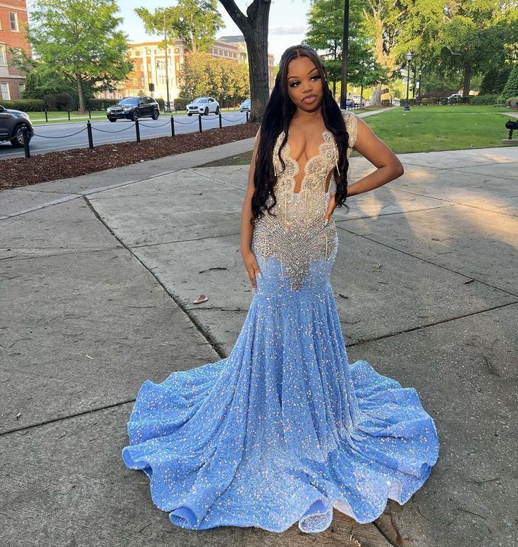 Blue Gorgeous Shiny Sequins Long Mermaid Slim Ball Gown Evening Dress