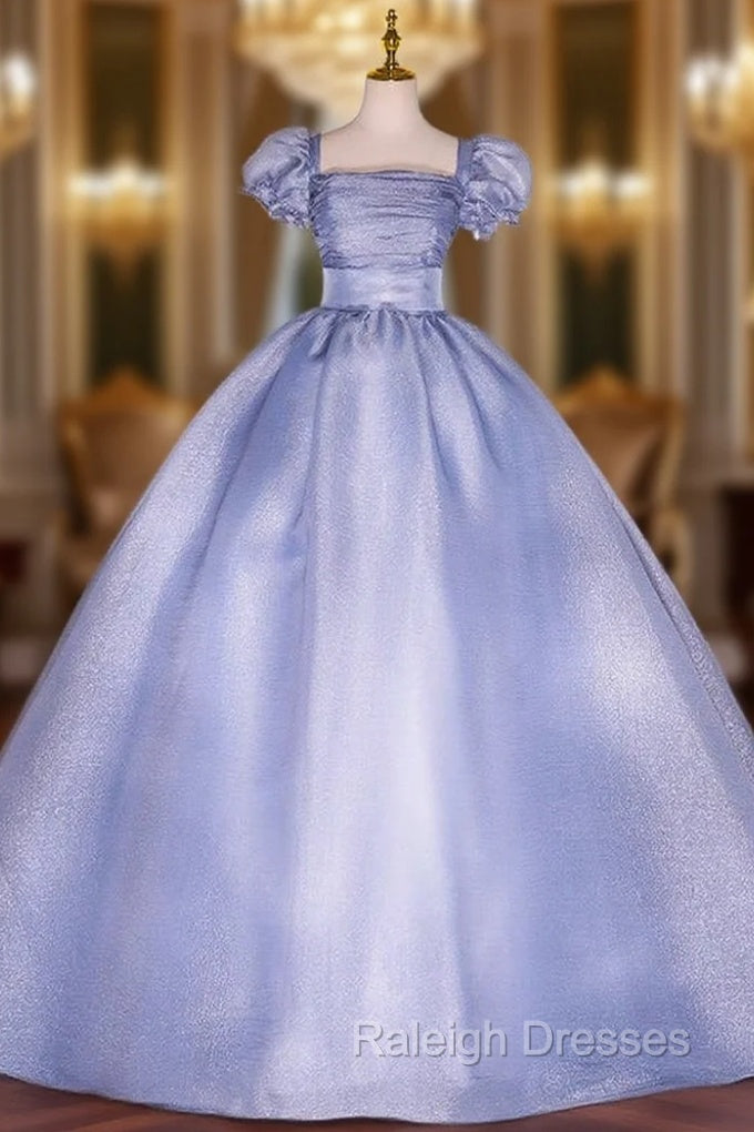 Blue Square Puff Sleeve Quinceanera Dress