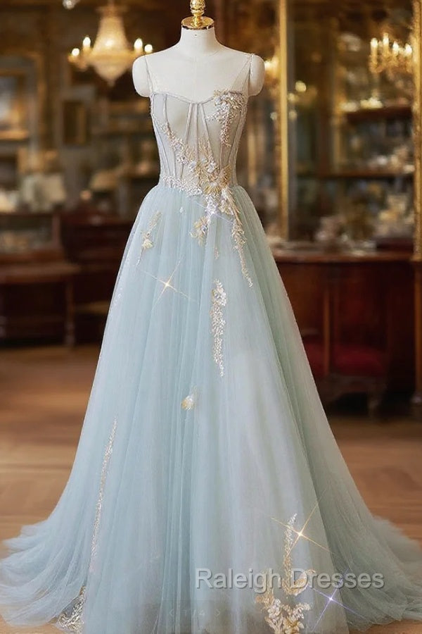 Blue Strapless Lace Formal Prom Dress, A Line Tulle Prom Prom Dress