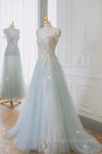 Blue Strapless Lace Formal Prom Dress, A Line Tulle Prom Prom Dress