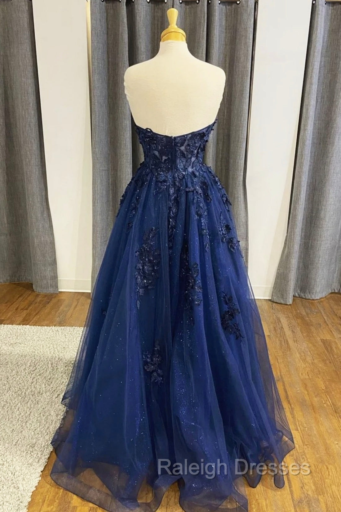 Blue Strapless Lace Long Prom Dress, A Line Prom Dress