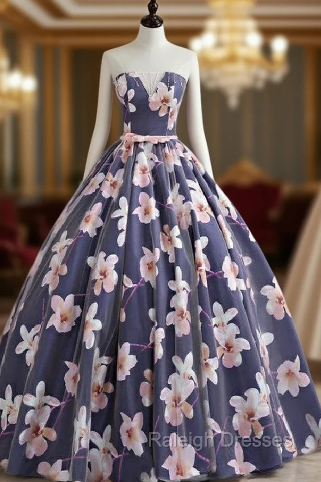 Blue Strapless Print Quinceanera Dress