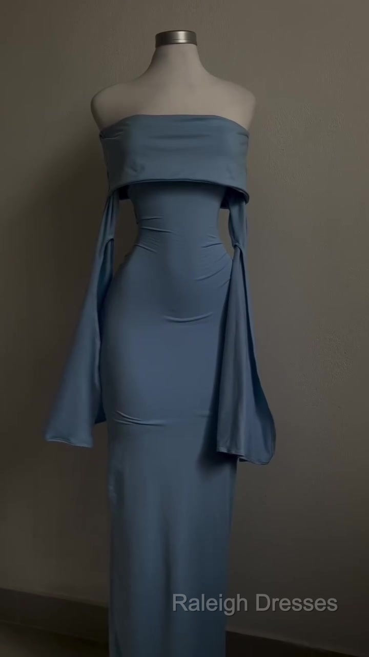 Blue Strapless Prom Dress Long Sleeve Bodycon Party Dress