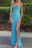 Vintage Strapless Sequins V-Neck Sheath High Slit Long Prom Dresses