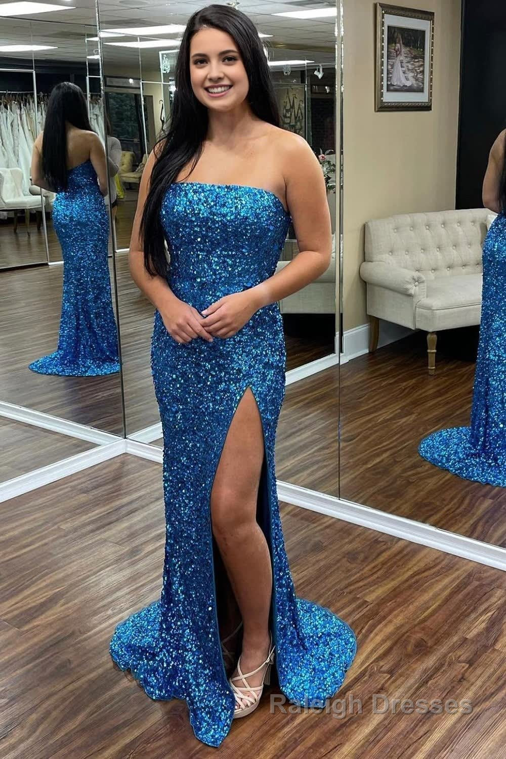 Blue Strapless Sequins Prom Dress with Slit Main image
