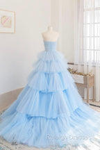 Blue Strapless Tulle Layers Long Prom Dress, A Line Prom Dress