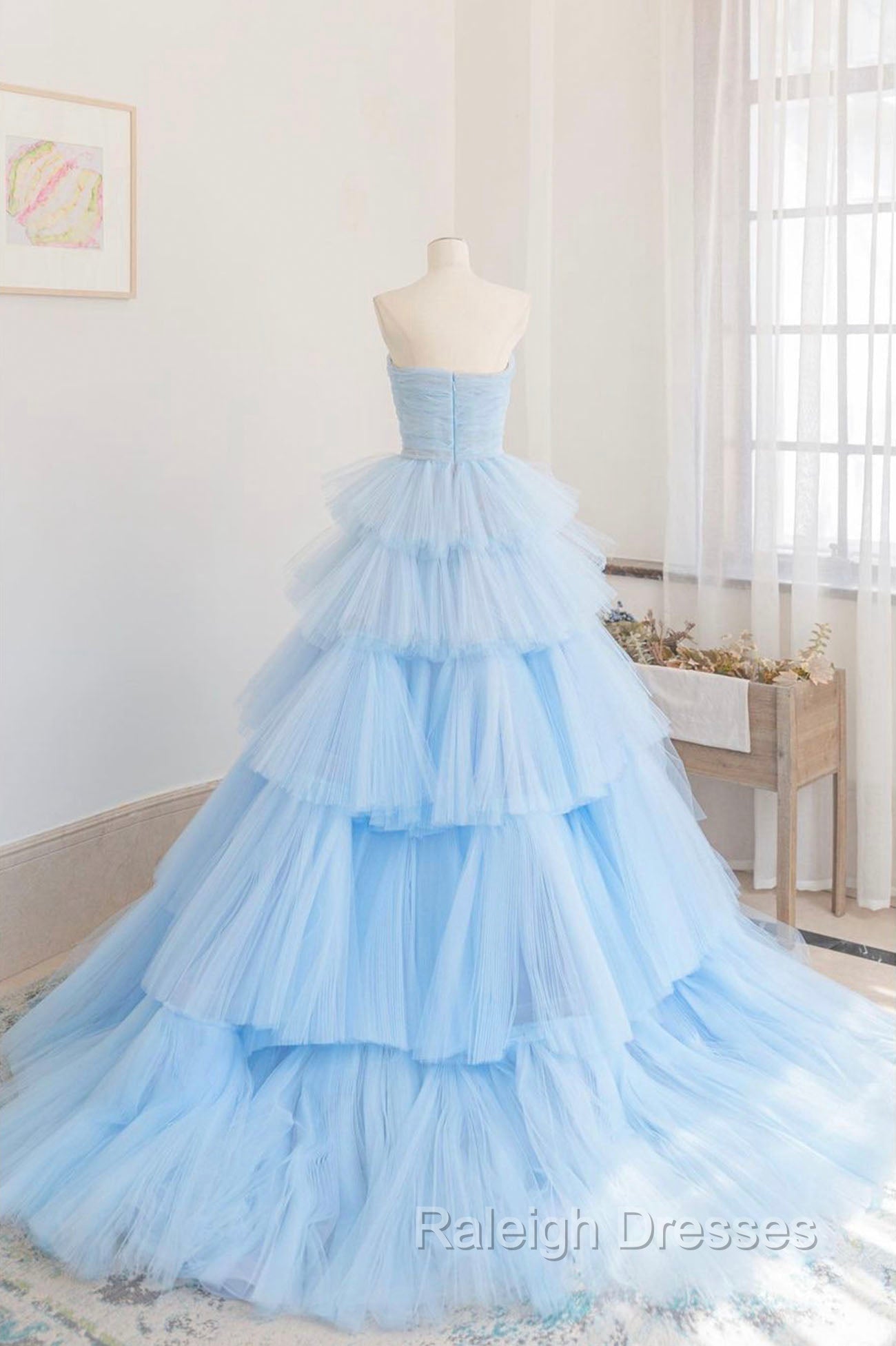 Blue Strapless Tulle Layers Long Prom Dress, A Line Prom Dress