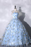 Blue Strapless Tulle Long Prom Dresses A Line Prom Dresseses