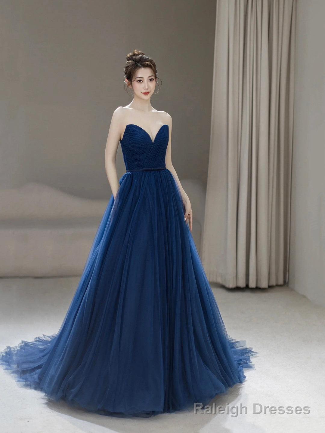 Blue Strapless Tulle Long Prom Dress, Beautiful A-Line Evening Party Dress Secondary image