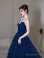Blue Strapless Tulle Long Prom Dress, Beautiful A-Line Evening Party Dress