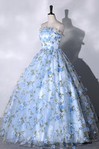 Blue Strapless Tulle Long Prom Dress, Blue A Line Prom Prom Gowns