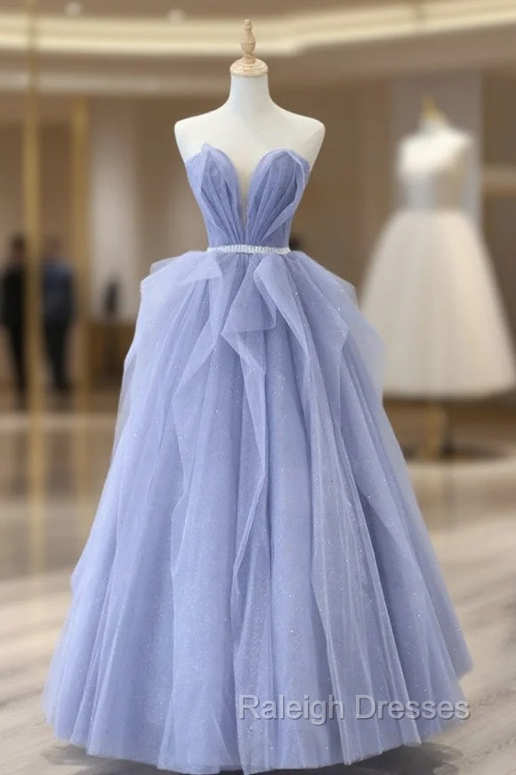 Blue Strapless Tulle Long Prom Dress, Lovely Sweetheart Neckline Evening Dress