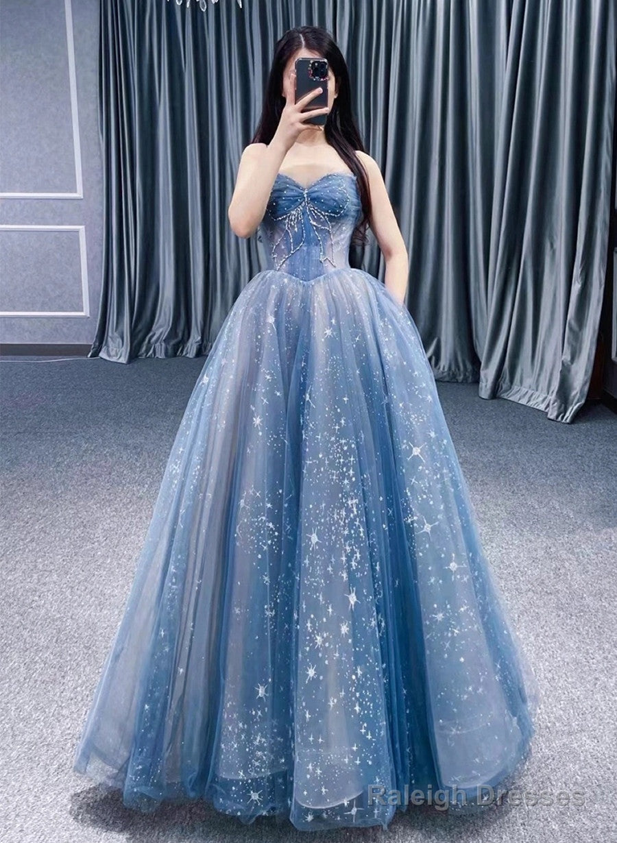 Blue Straps Beaded Tulle A-Line Long Party Dress, Blue Fashionable Prom Dress Main image