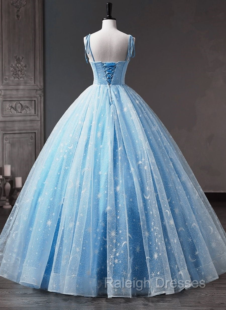 Blue Straps Tulle Floral Long Prom Dress, Blue Formal Dress Prom Dress