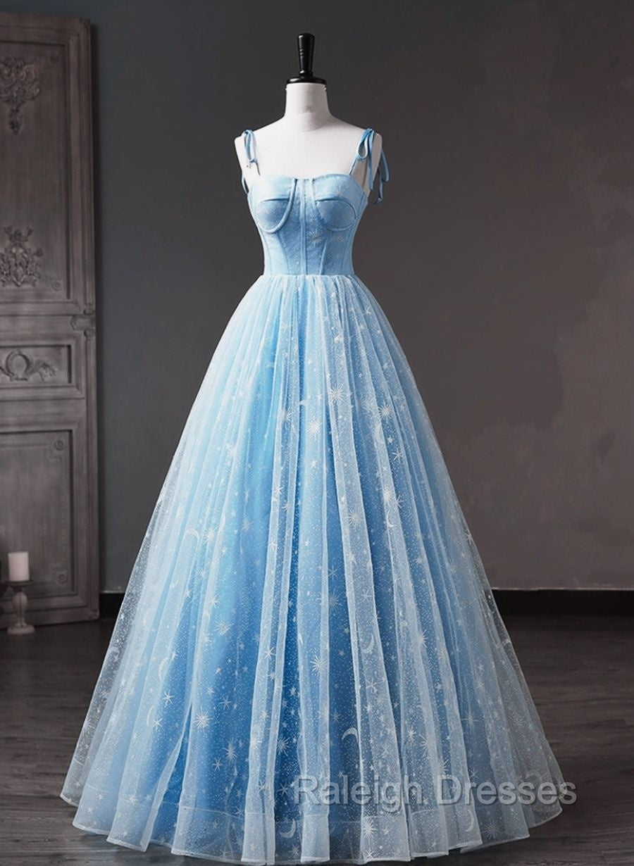 Blue Straps Tulle Floral Long Prom Dress, Blue Formal Dress Prom Dress