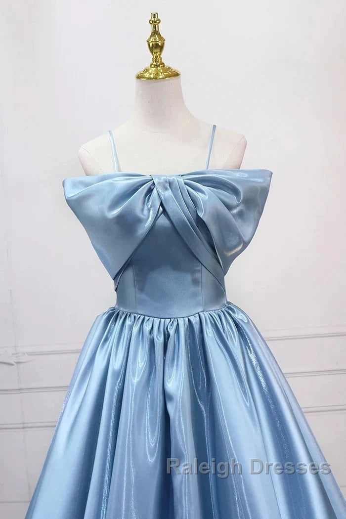 Blue Sweet A-Line Spaghetti Strap Satin Long Prom Dress Evening Party Dress