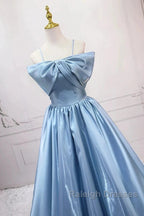 Blue Sweet A-Line Spaghetti Strap Satin Long Prom Dress Evening Party Dress