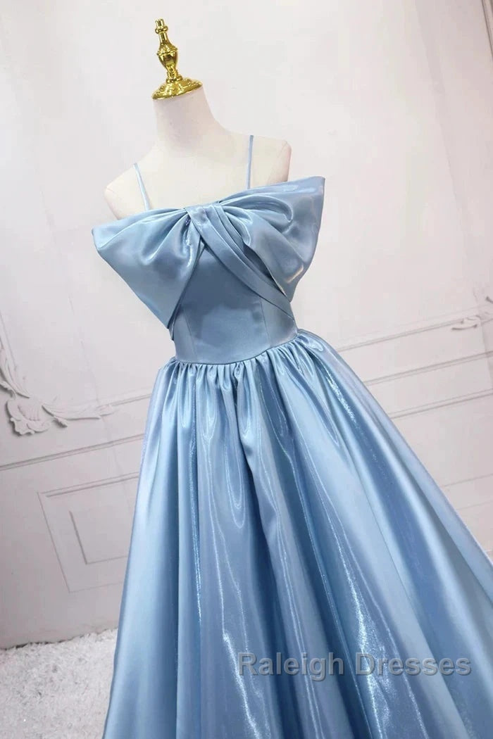 Blue Sweet A-Line Spaghetti Strap Satin Long Prom Dress Evening Party Dress