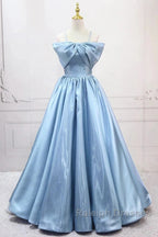 Blue Sweet A-Line Spaghetti Strap Satin Long Prom Dress Evening Party Dress