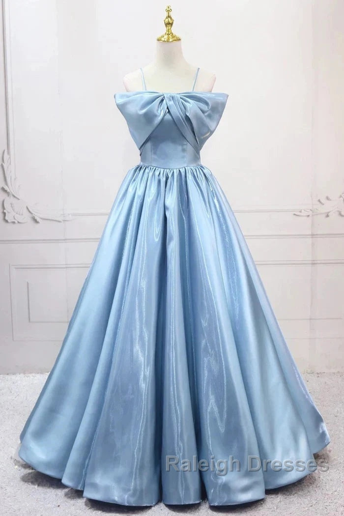 Blue Sweet A-Line Spaghetti Strap Satin Long Prom Dress Evening Party Dress