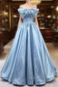 Blue Sweet A-Line Spaghetti Strap Satin Long Prom Dress Evening Party Dress