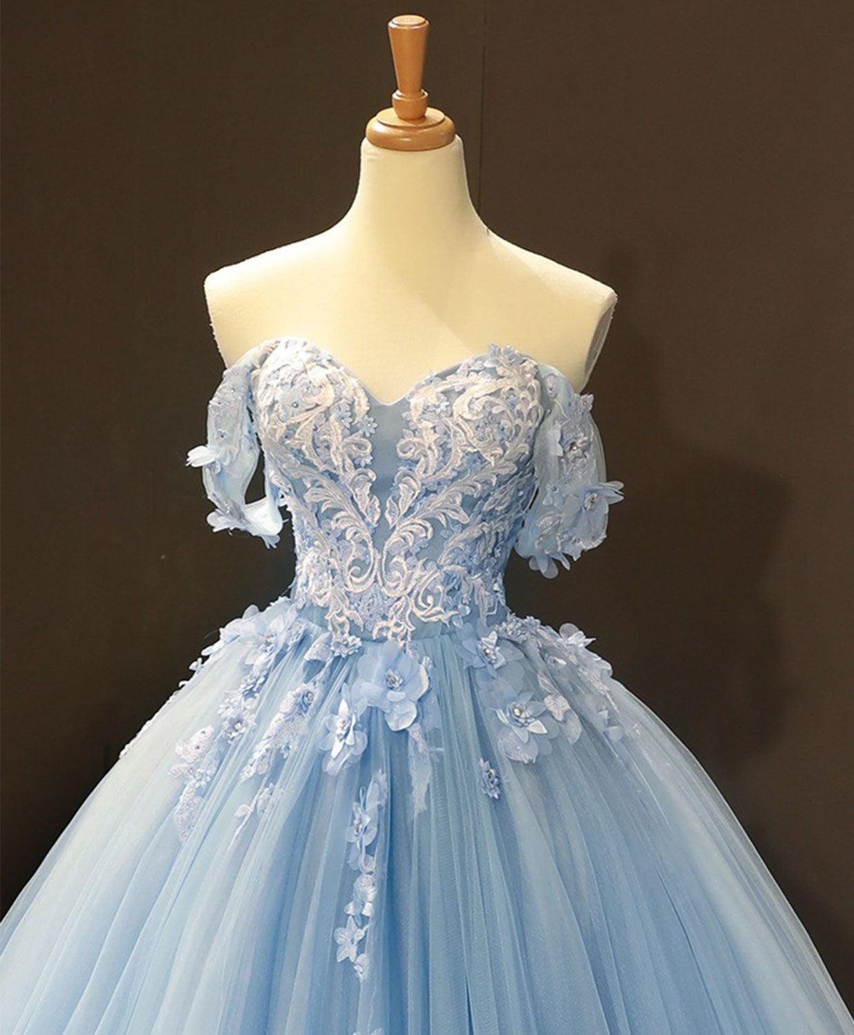 Blue Sweetheart Ball Gowns Flowers Sweet 16 Dresses Blue Off Shoulder Wedding Prom Dresses