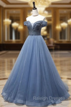Blue Sweetheart Neck Beads Long Prom Dress, Blue Tulle Formal Dress With Beading Sequin