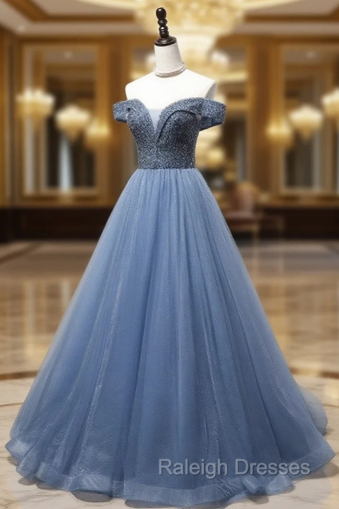 Blue Sweetheart Neck Beads Long Prom Dresses Blue Tulle Prom Dresses With Beading Sequin