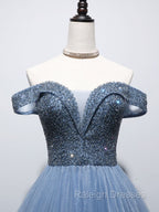 Blue Sweetheart Neck Beads Long Prom Dress, Blue Tulle Formal Dress With Beading Sequin