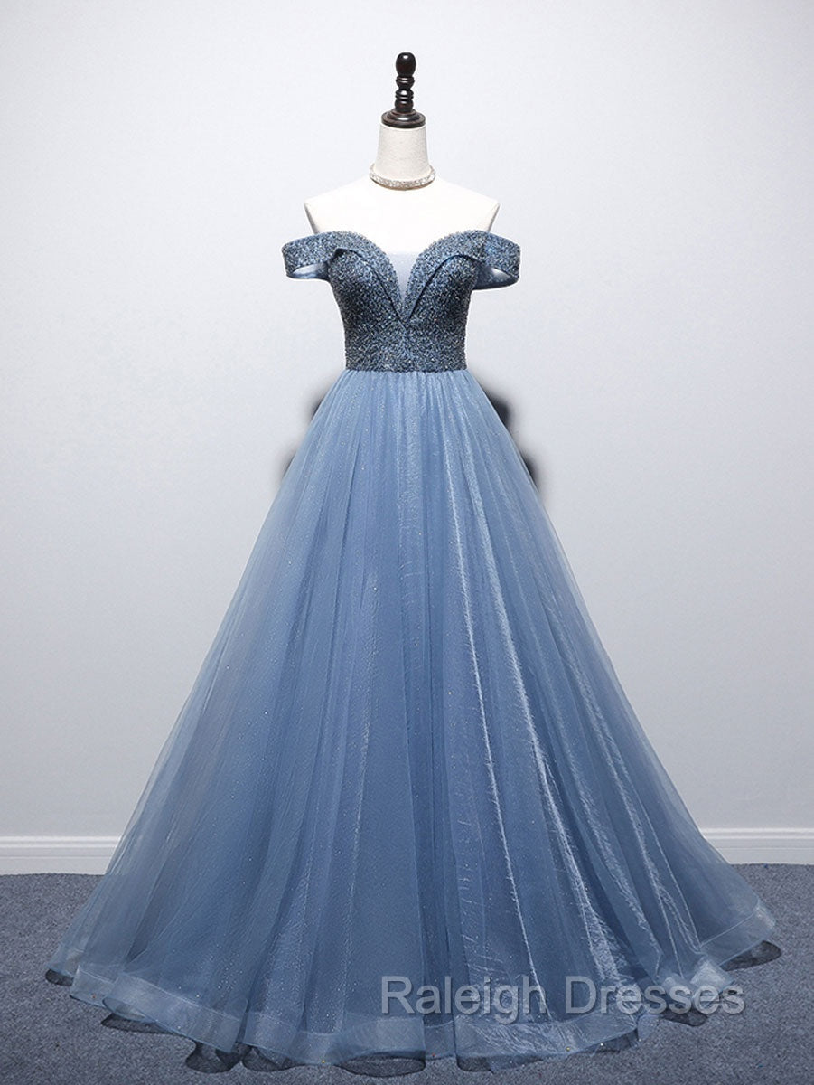 Blue Sweetheart Neck Beads Long Prom Dress, Blue Tulle Formal Dress With Beading Sequin Secondary image