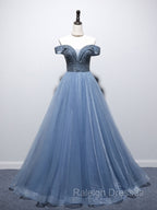 Blue Sweetheart Neck Beads Long Prom Dress, Blue Tulle Formal Dress With Beading Sequin