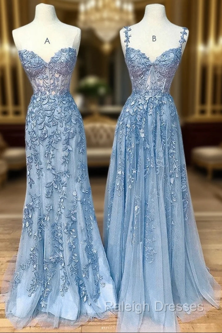 Blue Sweetheart Neck Lace Long Prom Dresses, Blue A-line Lace Graduation Dress