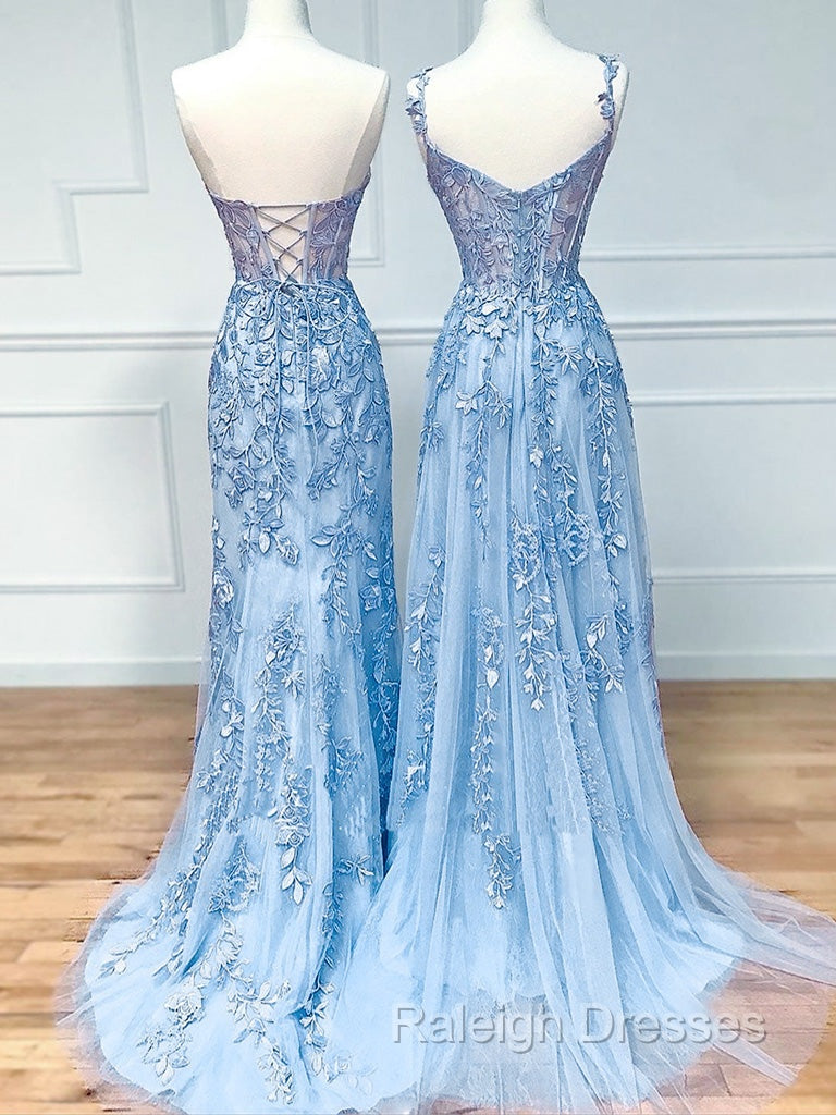 Blue Sweetheart Neck Lace Long Prom Dresses, Blue Lace Graduation Dress Secondary image
