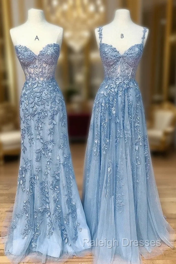 Blue Sweetheart Neck Lace Long Prom Dresses, Blue Lace Graduation Dress