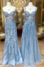 Blue Sweetheart Neck Lace Long Prom Dresses, Blue Lace Graduation Dress