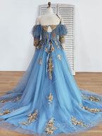 Blue Sweetheart Neck Off Shoulder Long Prom Dress, Lace Evening Dresses