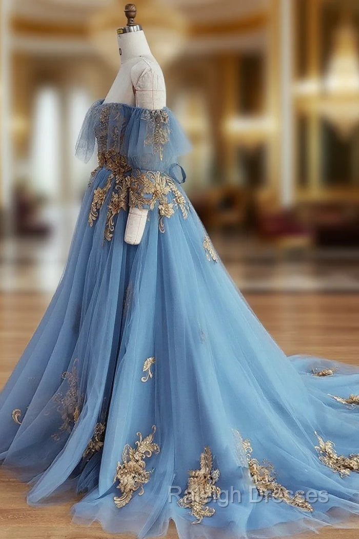 Blue Sweetheart Neck Off Shoulder Long Prom Dress, Lace Evening Dresses