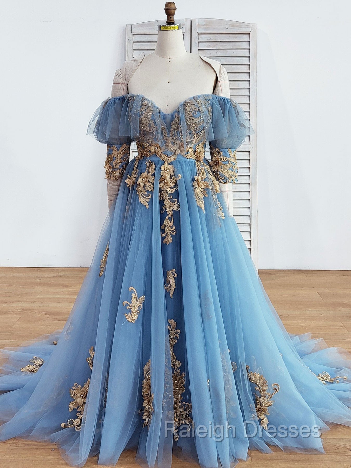 Blue Sweetheart Neck Off Shoulder Long Prom Dress, Lace Evening Dresses Secondary image