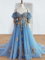 Blue Sweetheart Neck Off Shoulder Long Prom Dresses Lace Prom Dress