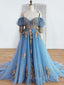 Blue Sweetheart Neck Off Shoulder Long Prom Dresses Lace Prom Dress