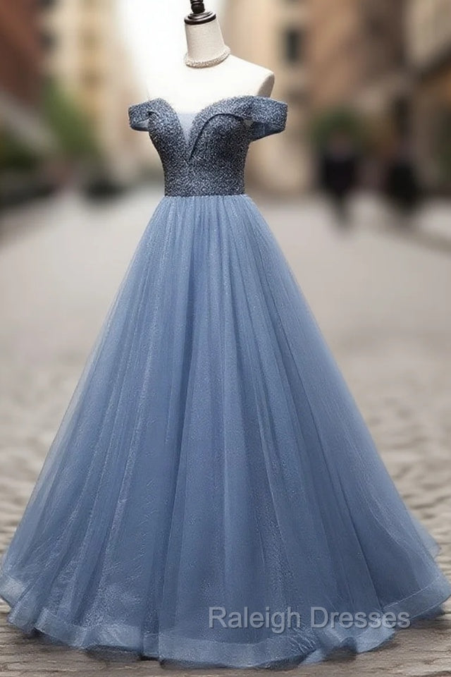 Blue Sweetheart Neck Tulle Beads Off Shoulder Long Prom Dress